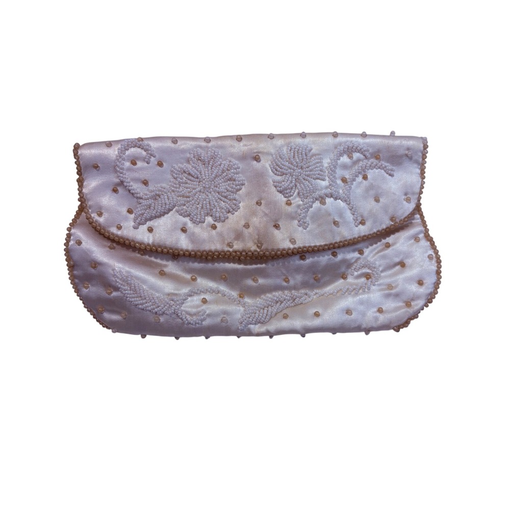 Richere by Walborg Vintage Beaded Satin Clutch Bag Cream Floral Made in Japan‎